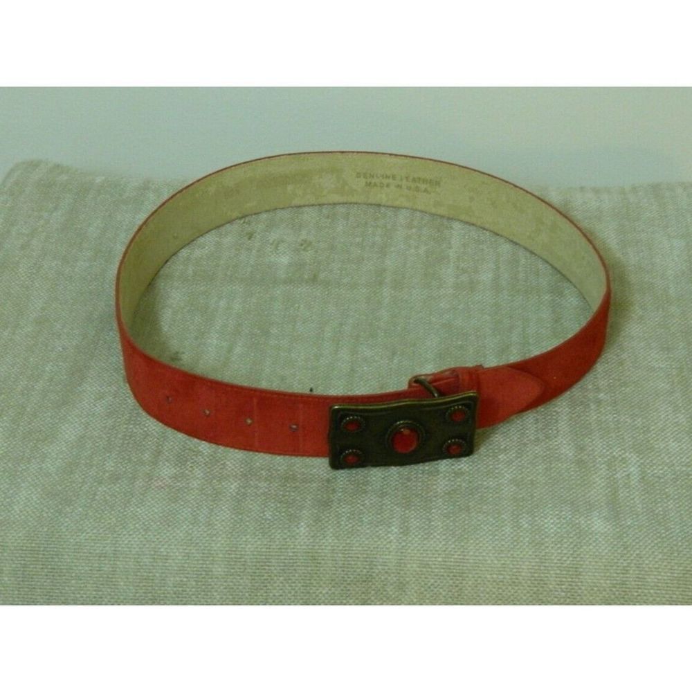 Vintage 80s Belt Red Suede Leather Metal Stones Buckle Western Belt M/L 37"